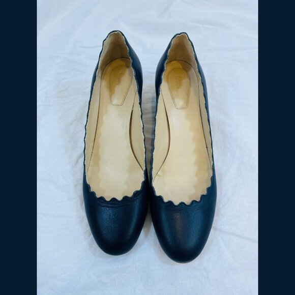 Chloe Scalloped Edge Blue Leather Block Heels - Size 39 - Picture 5 of 16